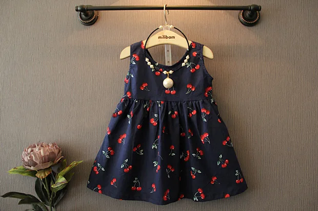 2016 Summer Brand Girls Children Costume Baby Girls Toddler Dresses Cute Cherry Print Sleeveless Kids Clothing 0-7Years BC1273