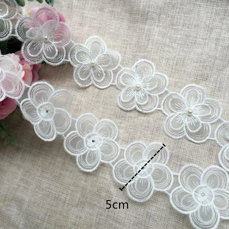 White Pearl Flower Handmade Beaded Embroidered Lace Edge Trim Ribbon Double Layered Applique Dress DIY Sewing Craft