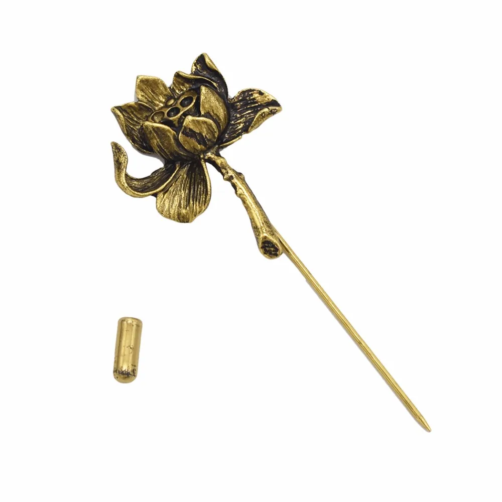 Vintage Gold Silver Color Lotus Pins Brooches For Women Long Flower Lapel Badge Men\'s Suit Collar Wedding Accessories Jewelry