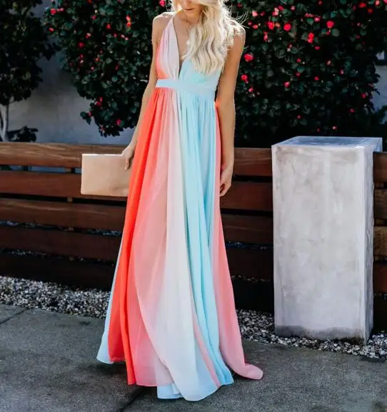 

Halter long chiffon dress Bohemian rainbow printed women maxi dress 2022 Fashion sexy v neck club party dresses