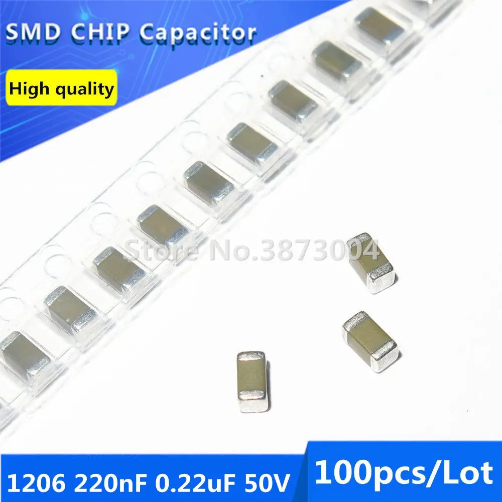 100pcs 1206 220nF 0.22uF 50V X7R 10% Thick Film Chip Multilayer Ceramic Capacitor