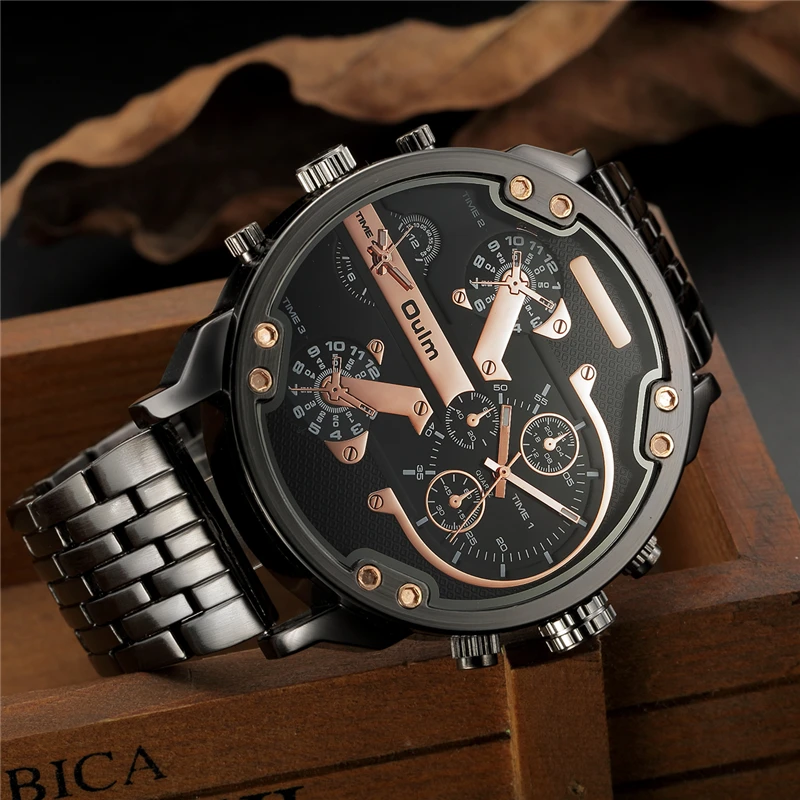 Oulm Two Time Zone Big Dial Japan Quartz Military Watches Men Luxury Brand Steel Wristwatch Male Military Watch Golden Hours