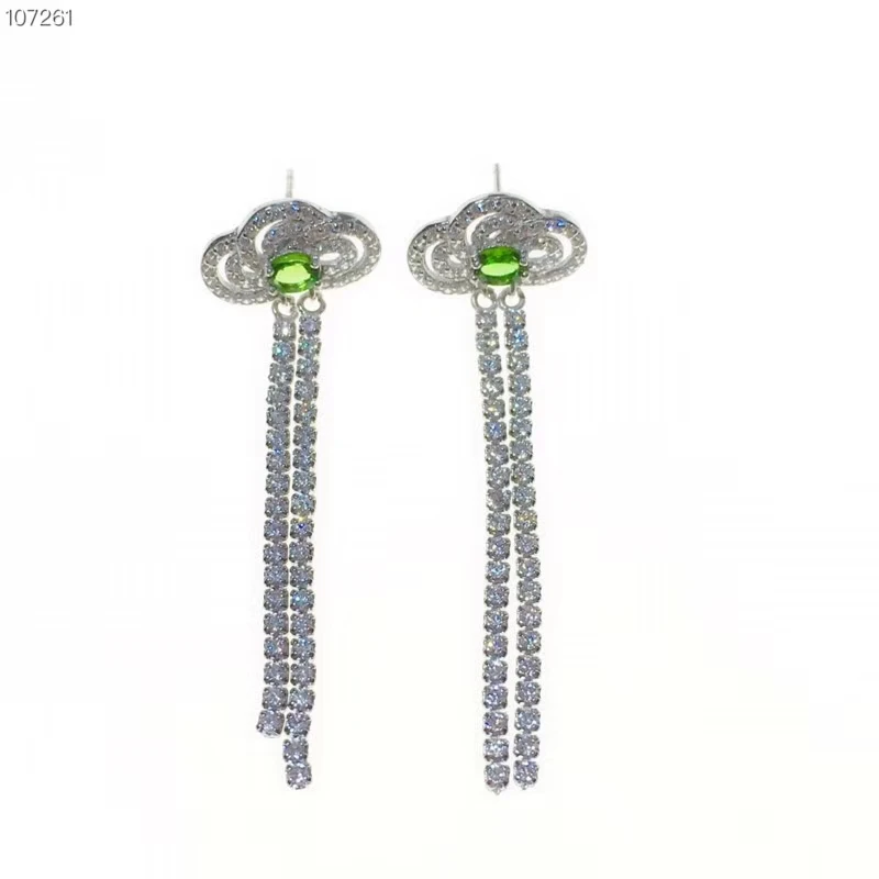 

beautiful clear green diopside stud earrings for women jewelry with tassels real 925 silver natural gem attractive style gift