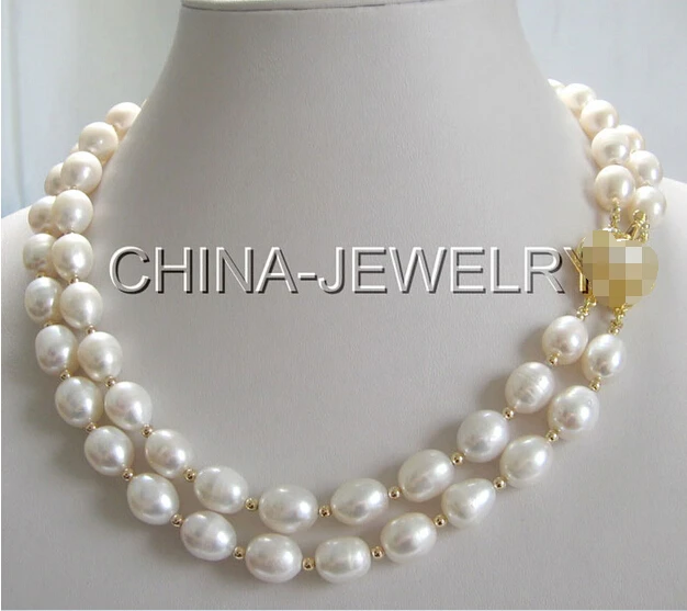 

FREE shipping AAA 2row 18-19" 11-12mm white rice baroque freshwater pearl necklace-GP clasp