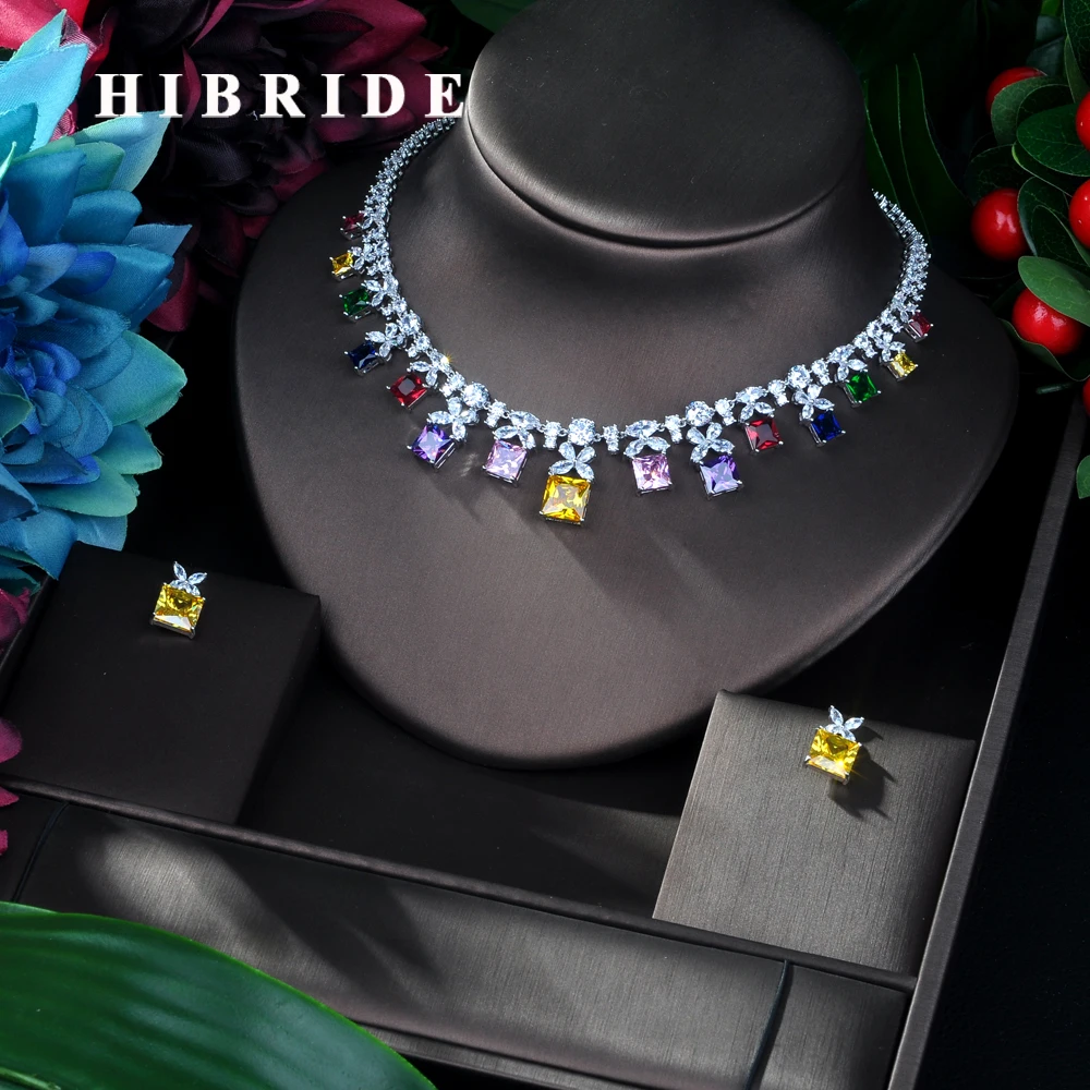 

HIBRIDE Sparkling Multicolor Cubic Zirconia Jewelry Sets for Women Earring Necklace Set Wedding Dress Accessories Party GiftN-54