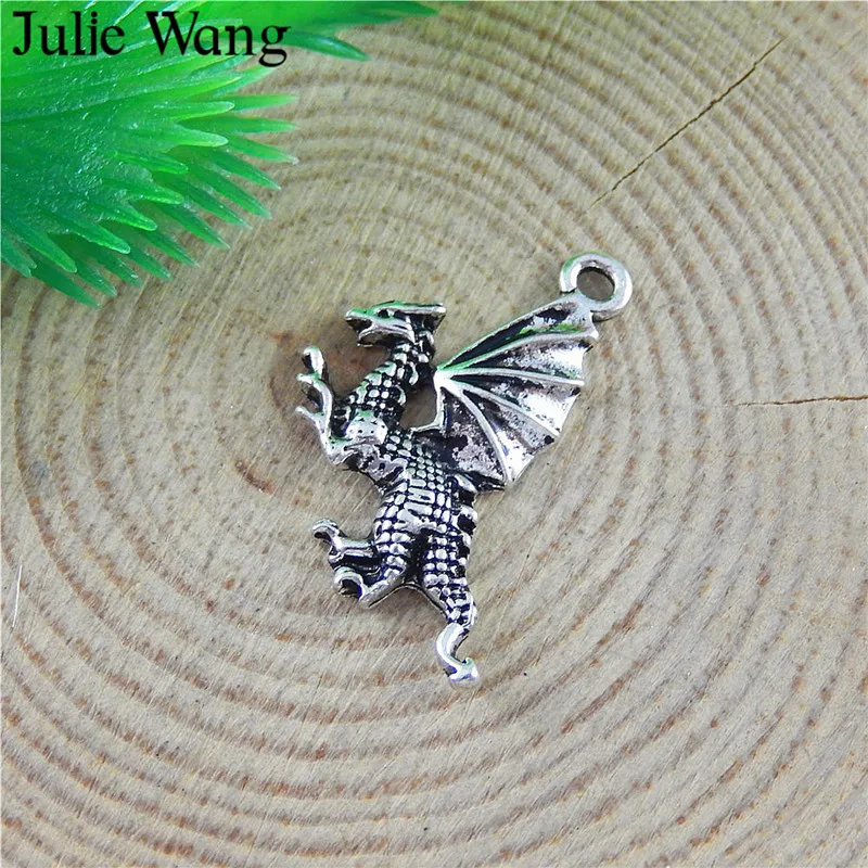 Julie Wang 20pcs Alloy Dragon Charms Antique Silver Color For Necklace Pendants Findings Jewelry Making Hanging Accessory