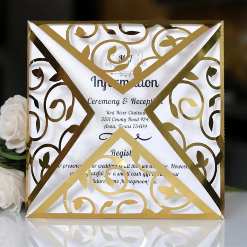 

Simple gold bug laser cut wedding invitations light refection elegant customized invites free printing free ship