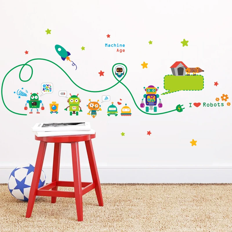 outspace robots rocket wall stickers for kids room nursery decor diy art decals bedroom decoration birthday gift