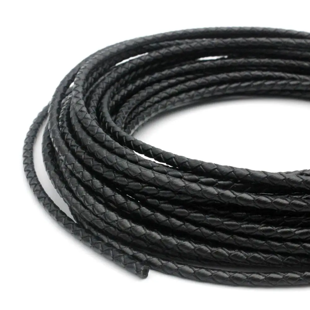 2 Yards 4mm Round Black Braided Bolo Leather Strap, Bonded Real Cord for Bracelet Jewelry Strap of Bag Working for Bolo Ties