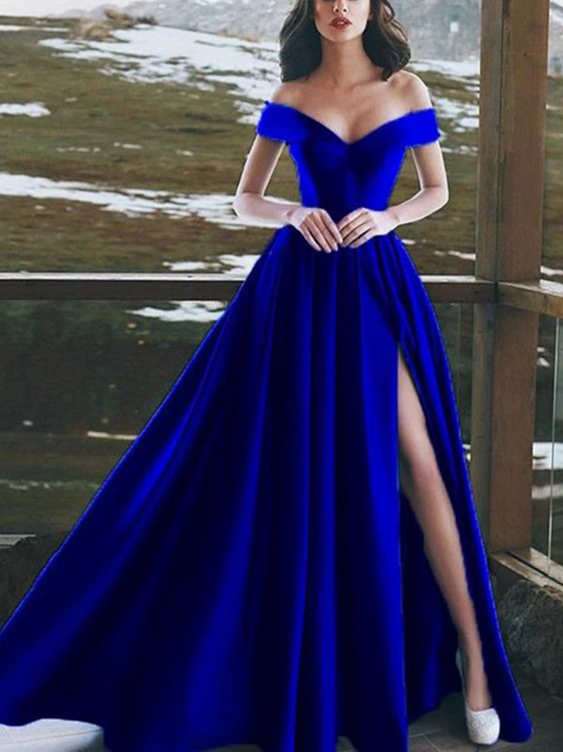 Sexy V Neck Royal Blue Evening Dresses A Line Long Satin Off Shoulder robe de soiree Floor Length Split Prom Formal Party Gowns