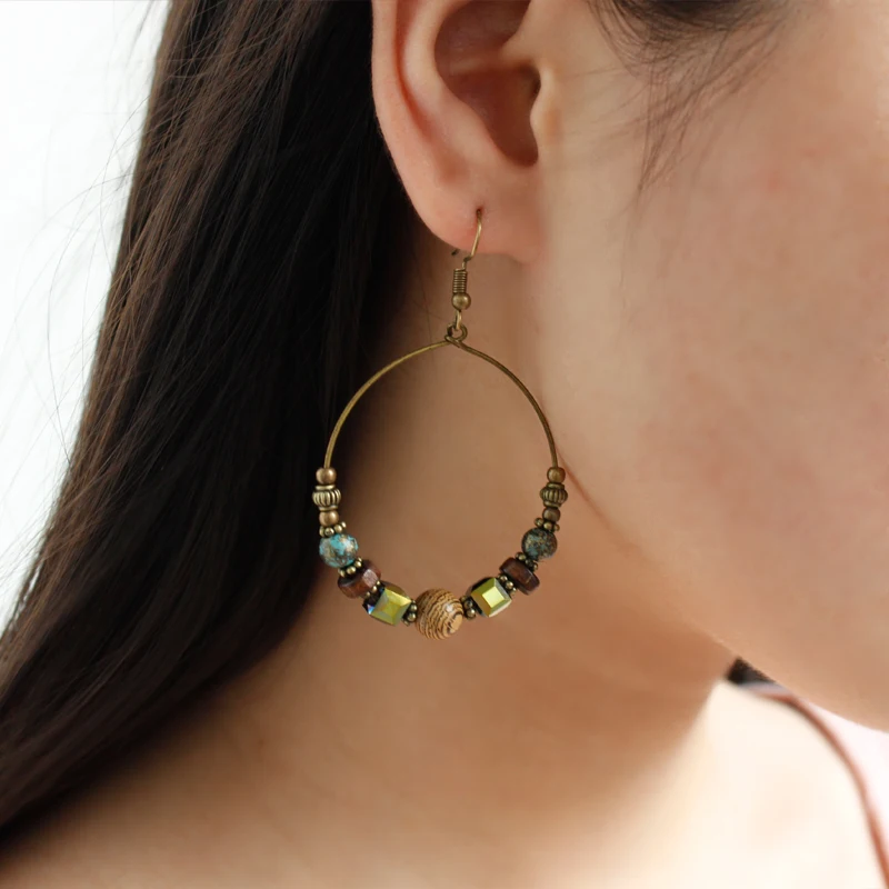 серьги женск Trendy Bohemian National Retro Irregular Circle Round Wooden Little Beads Classic Drop Earrings Holiday Jewelry New