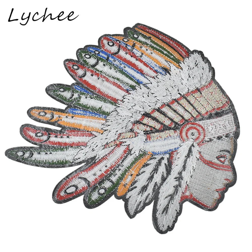 Lychee 24cm Oversized Colorful Indian Head Feather Embroidery Patches With Adhesive DIY Sewing Garment Applique