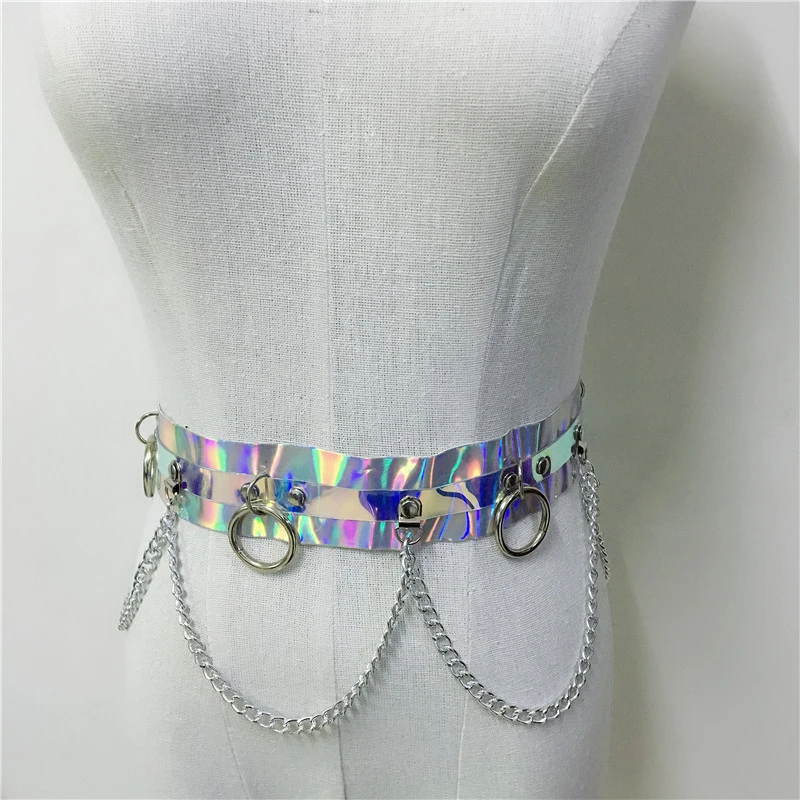 Women Punk Shiny Laser Dazzle Color Leather Waist Belt 2023 Fashion Body Harness O Ring Holographic Sexy Chain Buckles Belts