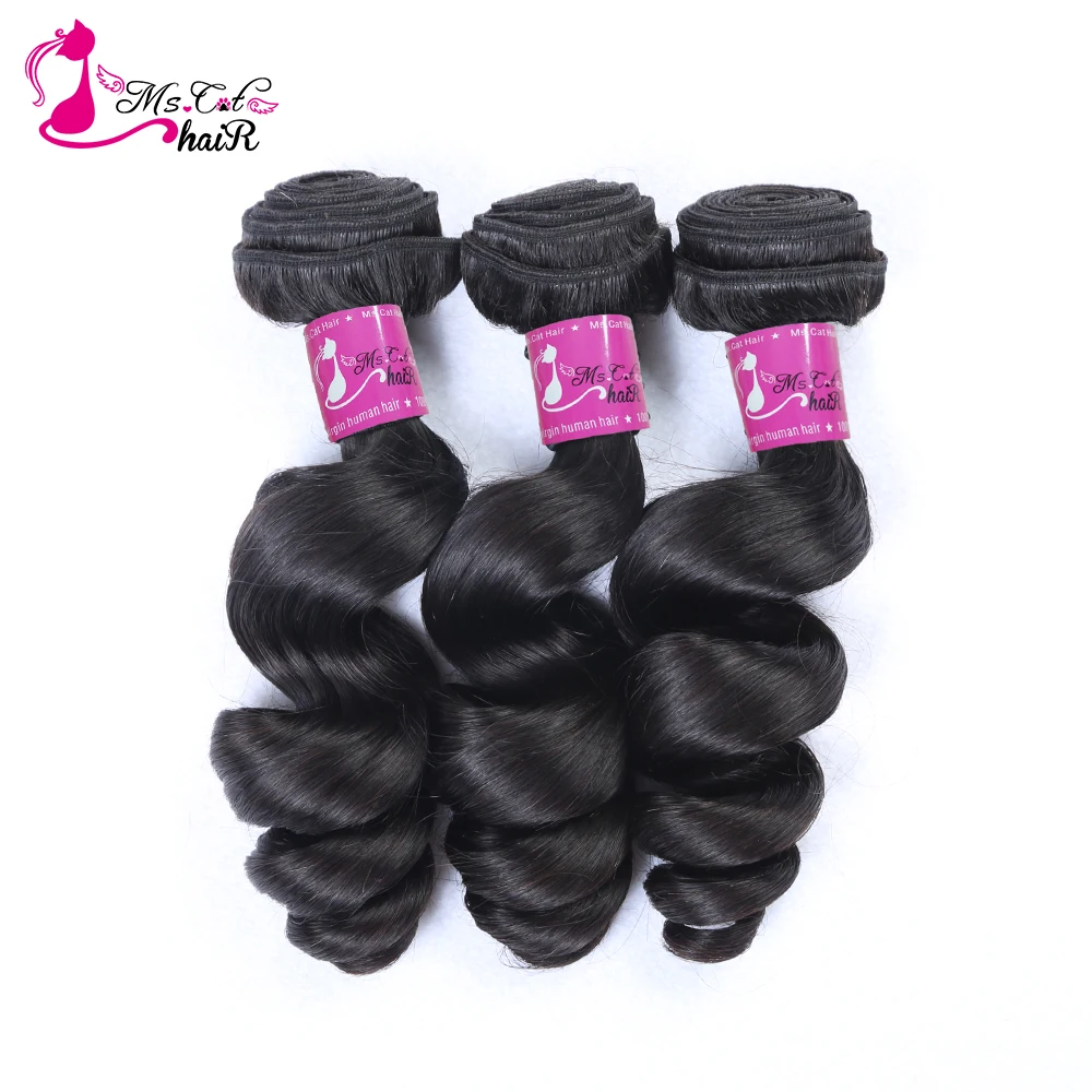 MS Cat Rambut Brasil Gelombang Longgar Rambut 100% Rambut Manusia Menenun 3 Bundel Penawaran Remy Rambut Tenun Pakan Alami warna 3 Buah/Banyak