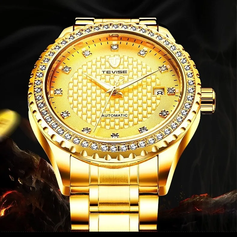 TEVISE Full Gold Clock Men Automatic Watch Luminous Stainless Steel Watchband Date Luxury Men Watch Fashion New 2024
