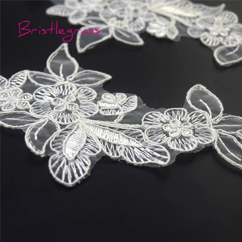 BRISTLEGRASS 1 Pair Off White Embroidered Flower Leaf Applique Patches Tulle Mesh Lace Trims Bridal Wedding Dress Costume Sewing