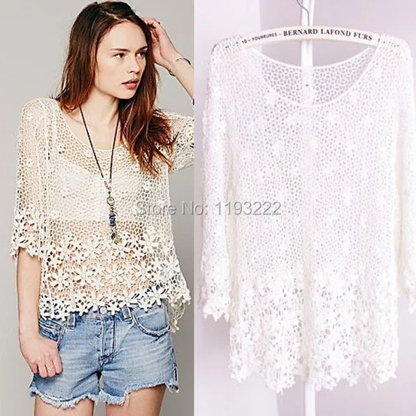 Fashion Women Three Quarter Sleeve O Neck Sheer Lace Floral Embroidery Spring Crochet Tops Blouses Shirt Tee