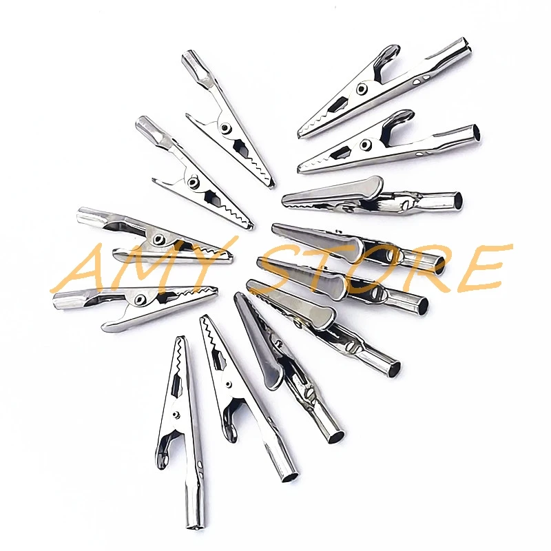 100pcs 10A ไฟฟ้าทดสอบจระเข้จระเข้คลิป Clamps Silver Tone 50 มม.ยาว 10 มม.กว้าง 4 มม. TAIL 50x13x5 มม.ขนาด