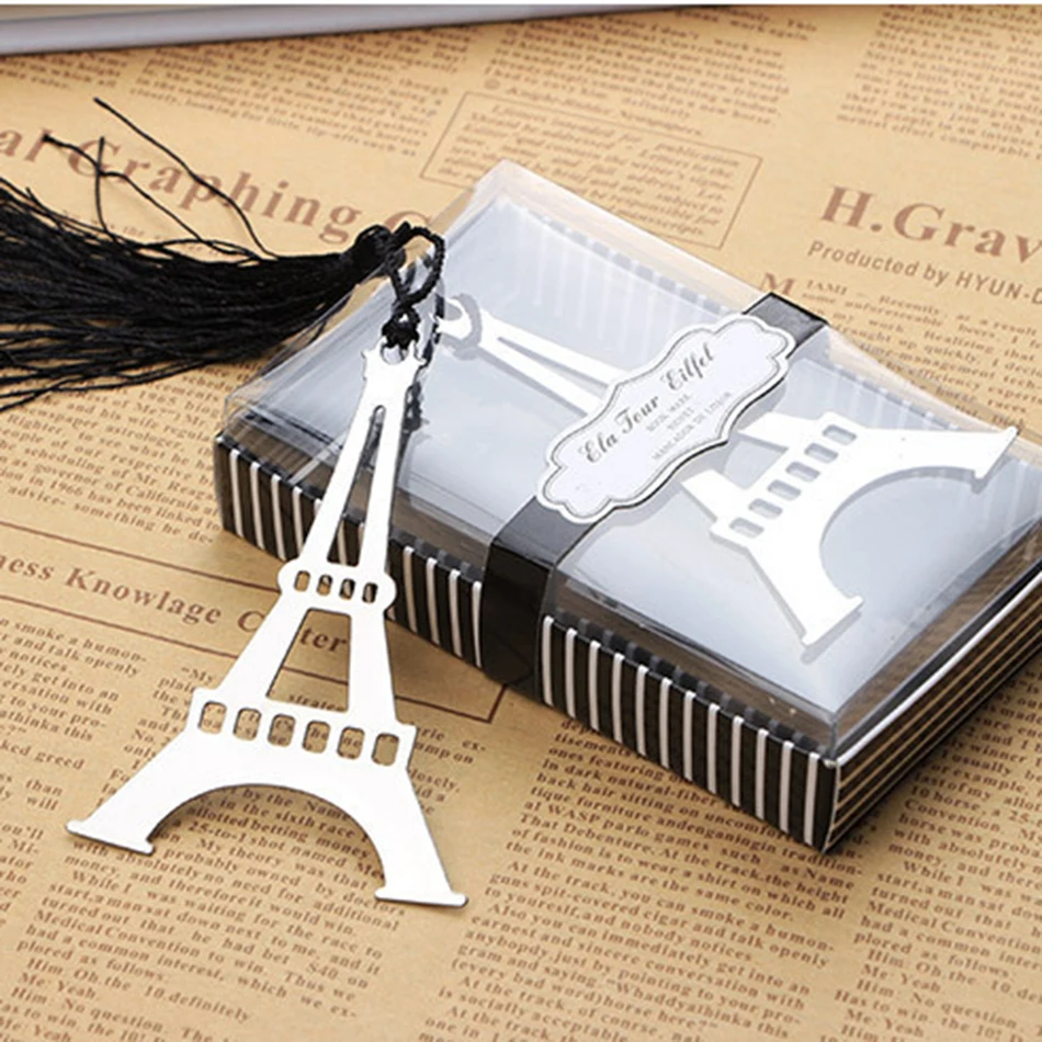 1pcs/box Romantic Eiffel Tower Bookmarks With Tassel Metal Bookmark Stationery Wedding Gifts Free Shipping