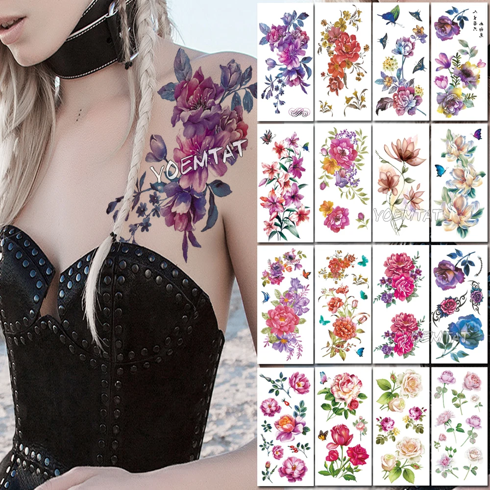 

Purple Watercolor Rose Lily Flower Waterproof Tattoo Stickers Women Body Chest Art Temporary Tatto Girl Waist 3D Flowers Tatoo