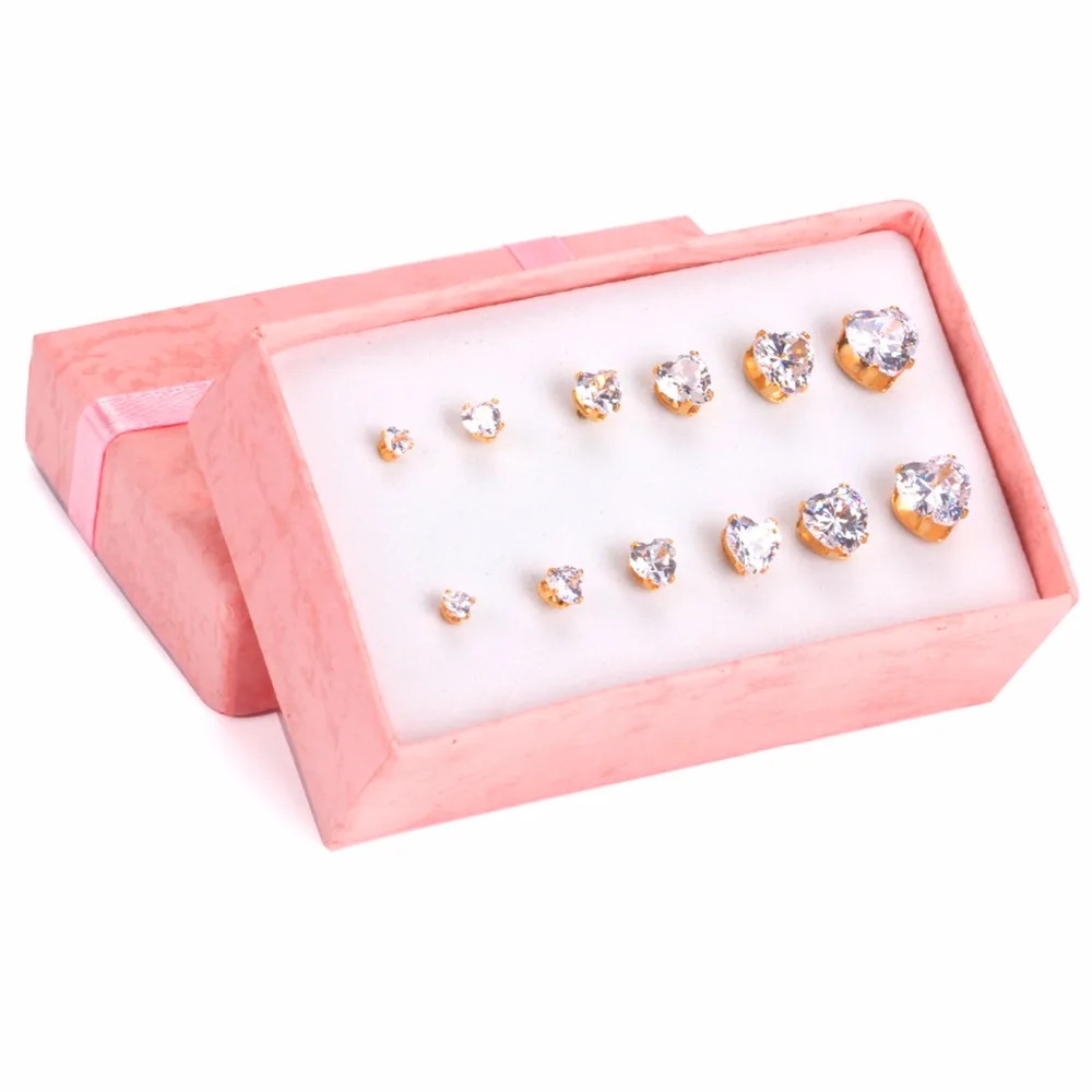 LUXUSTEEL  Stainless Steel Earring Sets Golden Color Heart Shape Crystal Stud Earring For Women/Girl 6pairs/Box