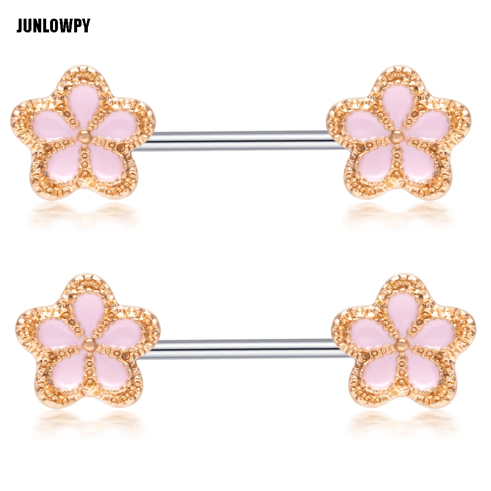 

JUNLOPWY Stainless Steel Flower 14g Sexy Piercing Nipple Ring Fashion Body Jewelry Shield Ear Bar Barbell Earring for Women Girl