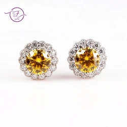 Sterling Silver 925 Stud Earrings for Women Fine Jewelry Citrine Fireworks Cut Yellow Green Red Wedding Engagement Party Gift