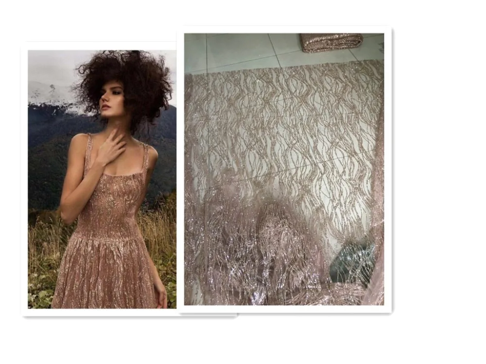 

Rose gold Good looking design H-86 Sparkly french Net african glitter sequence sequin lace fabric for wedding party dress