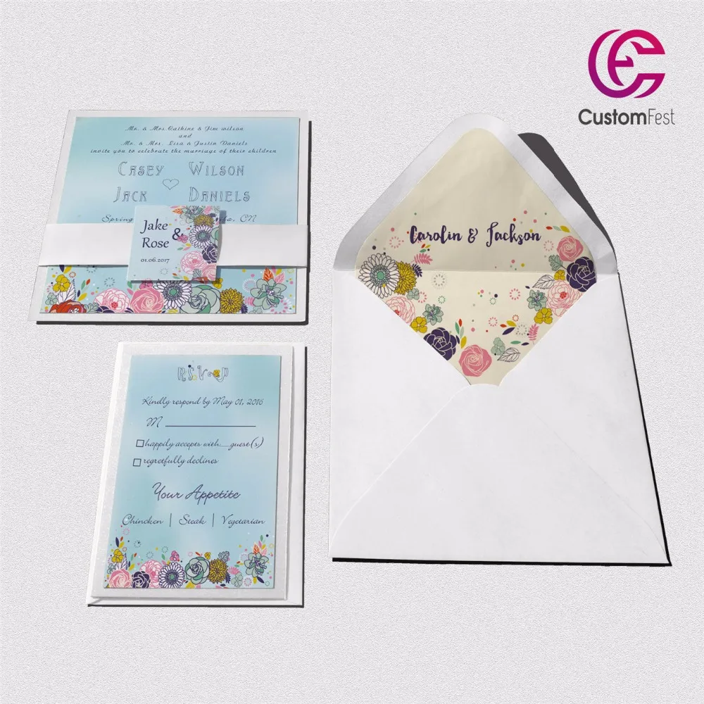 

30pcs/lot color Spring flowers with personalized liner envelop pink and gold invitation and RSVP set L202S036