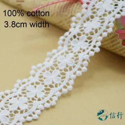 3.8cm White Cotton Embroided Lace Ribbon Guipure Trim Fabric DIY Sewing Accessories Supplies African French Lace Applique #3548