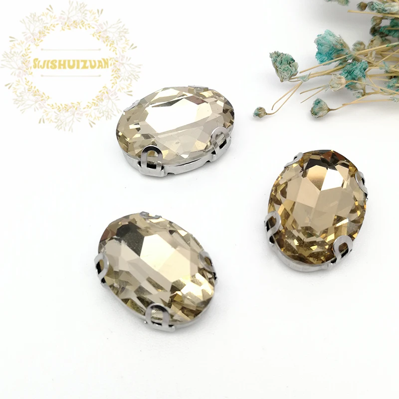 Oval Light Coffee Shape Glass Rhinestones With D Claw silver Sew On Crystal Stone Diamond Metal Base Buckle For Clothes