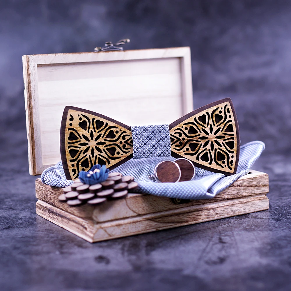 Mahoosive Floral gift set Wooden Bow Ties for Men Bowtie Butterflies Wedding suit wooden bowtie Shirt krawatte Bowknots necktie