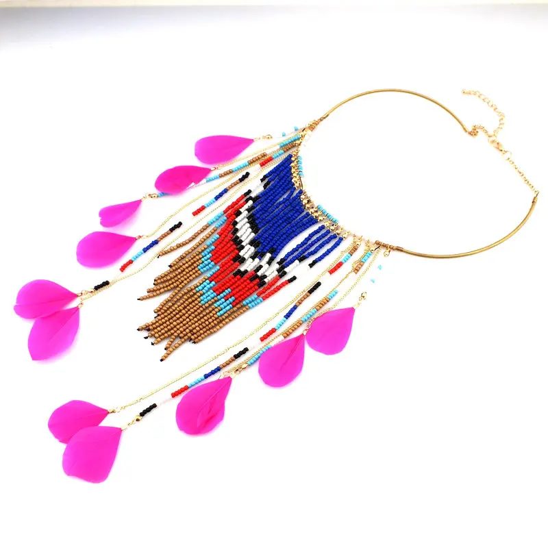 UKEN Bohemian Multicolor Beaded Feather Pendants Necklaces Ethnic Jewelry Women Long Resin Hanging Bead Statement Necklaces