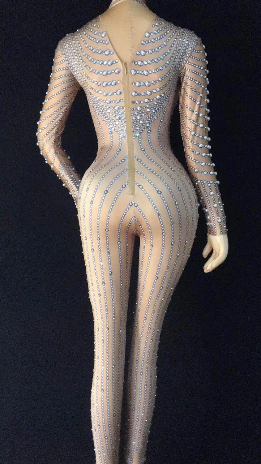 Bling Grote Parels Strass Sexy Naakt Jumpsuit vrouwen Stretch Lange Mouwen Bodysuit Nachtclub DJ Zangeres Tonen Stadium Slijtage