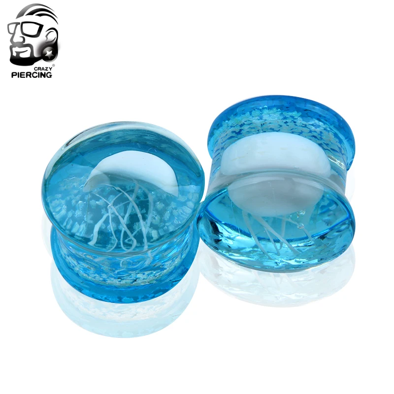 Fashion Piercing Pair of Glass Double Flared white Jellyfish Ear Plugs Translucent bright Lake Blue ocean