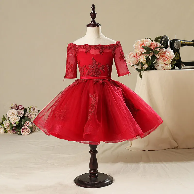 

Cute Red Tulle Girls Pageant Dresses Elegant Shouldless First Communion Dresses For Children Graduation Flower Girls Gowns