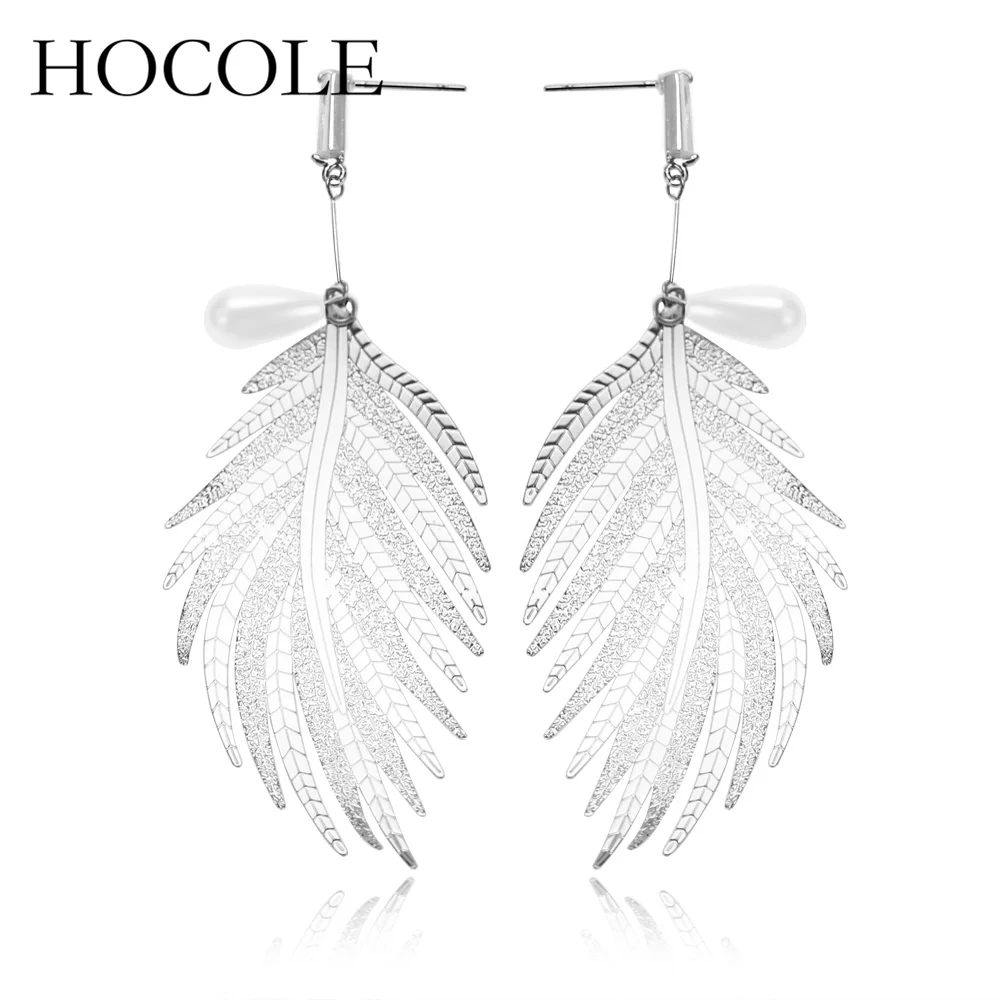 HOCOLE 2018 Nieuwe Mode Goud Zilver Kleur Leaf Drop Oorbellen Unieke Gesimuleerde Parel Lange Oorbellen Voor Vrouwen Brincos Sieraden Gift