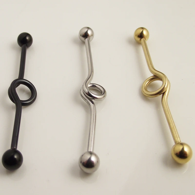 2piece Gold Silver Black Surgical Stainless Steel 1.6*35*5/5mm Round Long Industrial Barbells Love Ear Body Piercing Jewelry
