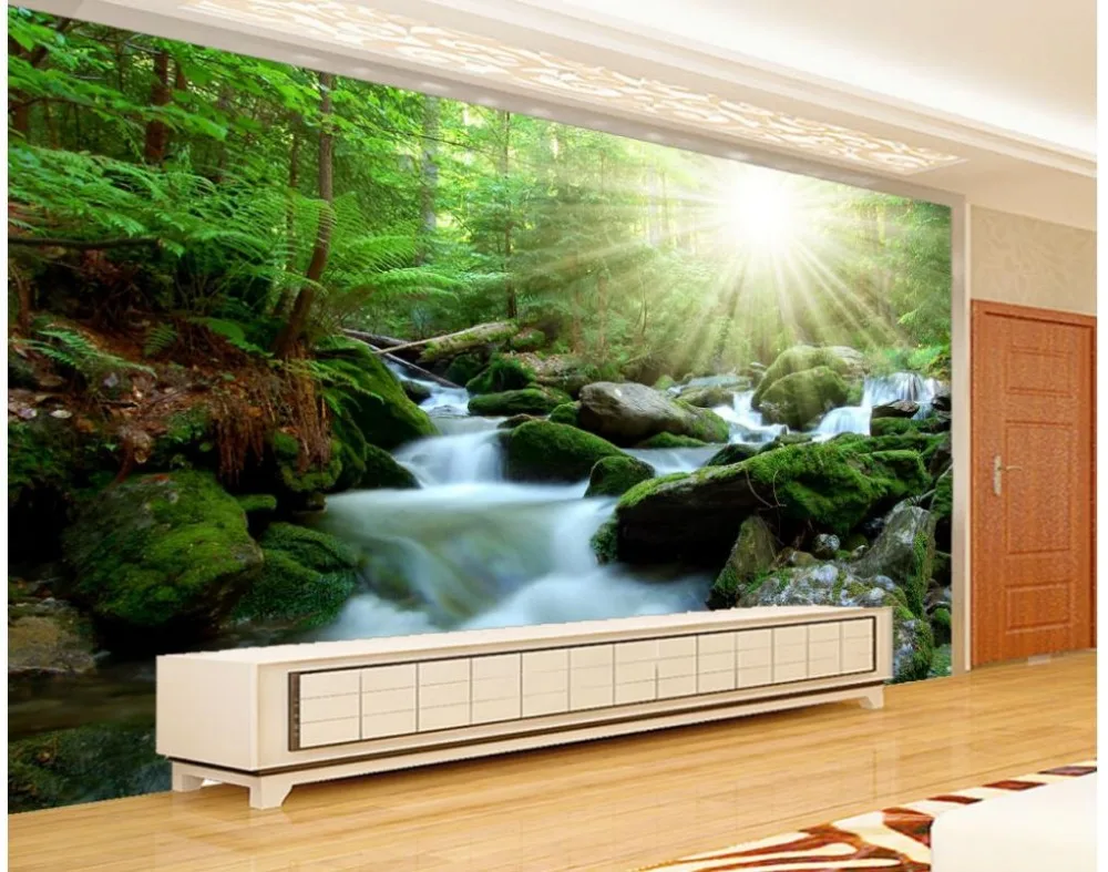 

3d customized wallpaper Home Decoration Sunshine forest stone waterfall landscape painting window mural wallpaper