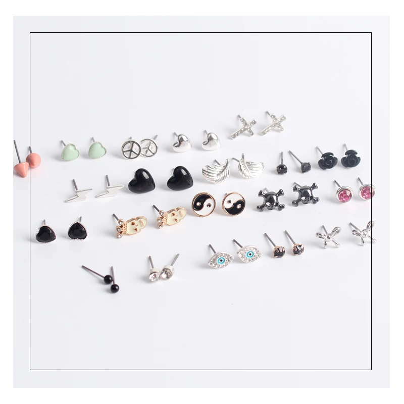 4 Styles Cute 20 Pairs/lot Charms Stud Earring Set Girls Punk Style Kiss Guitar Note Skull Sunglasses Peace Ear Studs Wholesale