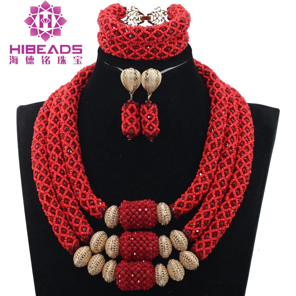 Indian Crystal Red African Beads Statement Jewelry Sets Bib Necklace Set Women Event Party Jewelry Set Free Shipping ABH460