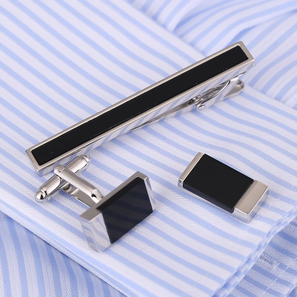 VAGULA Brass Cufflinks Tie Clip 3Pcs Set Luxury Bonito Black Stone Gemelos Classic Clasp Necktie Tie Pin Bar SET 35