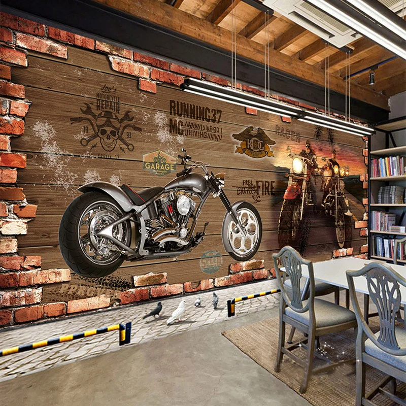 Papel tapiz De ladrillo De motocicleta Retro personalizado, decoración creativa De restaurante y cafetería, Mural en relieve 3D, Papel De pared 3 D