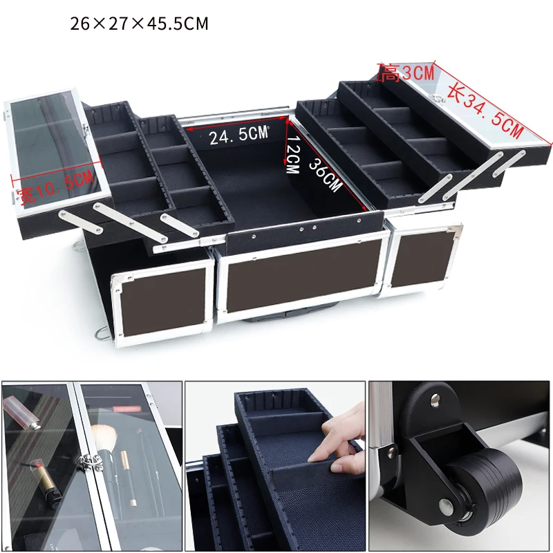 New Women Trolley Cosmetic case on Wheels,Nails Makeup Toolbox, Multifunction Beauty Tattoo Box Rolling Luggage Trolley Suitcase