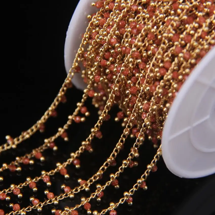 

5Meter Small Size Round Beads Rosary Chain,2mm Faceted Red Goldstone Gold Color Brass Wire Wrapped Chain Necklace Sweater Chains