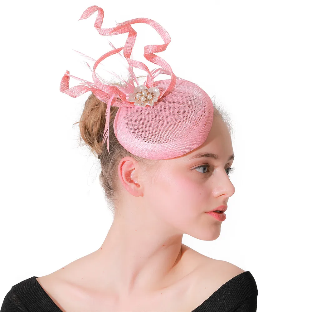 

Charming Wedding Fascinators Hats Event Ladies Female Headdress With Hair Clips Sinamay Women Party Pink Fashion Chapeau Caps