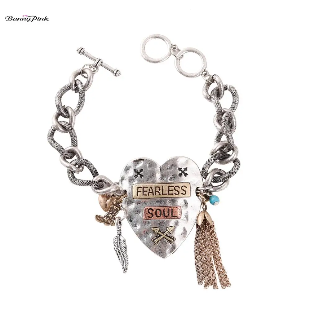 Banny Pink Ethnic Heart Tassel Chain Charms Toggle Bracelet For Women Powerful Fearless Soul Link Chain Bracelet Bangle Pulseras