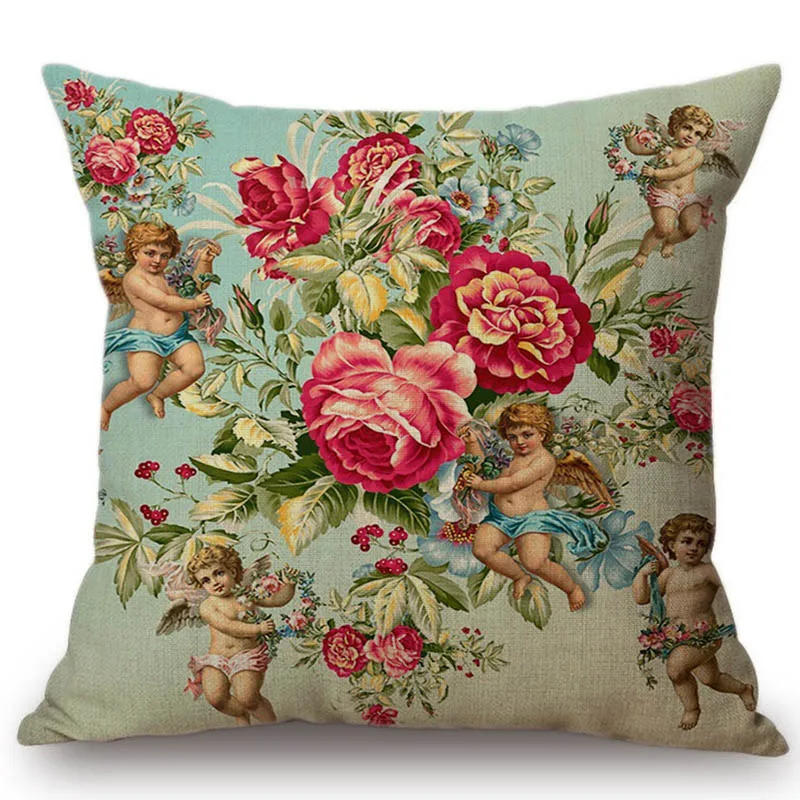 Vintage Floral Pattern Little Angels Classic Sofa Decorative Throw Pillow Cover Red Rose Butterfly Tropical Leaves Cushion Case