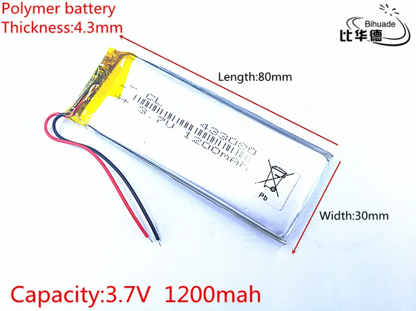 3.7V 1200mAh 433080 Lithium Polymer LiPo Rechargeable Battery ion cells For Mp3 Mp4 Mp5 DIY PAD DVD E-book bluetooth headset