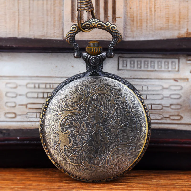 Embossed Running Steam Train Pocket Watch Chain Bronze Metal Dress Casual Men Women Fob Watch Antique Fashion